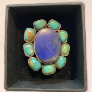 Blue Agate stone from Mexico surrounded by turquoise and set in silver